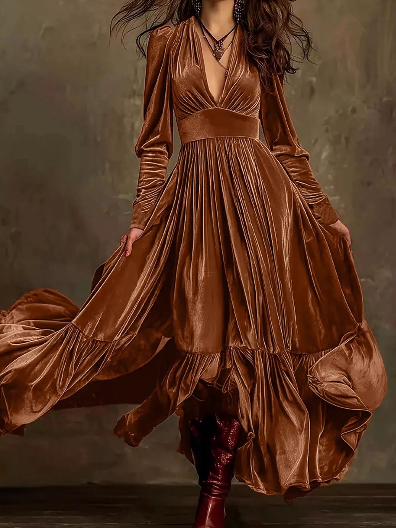 Velvet V-Neck Long Sleeve Ruffled Dress – Vault & Vineyard Velvet V-Neck Long Sleeve Ruffled Dress – Vault & Vineyard