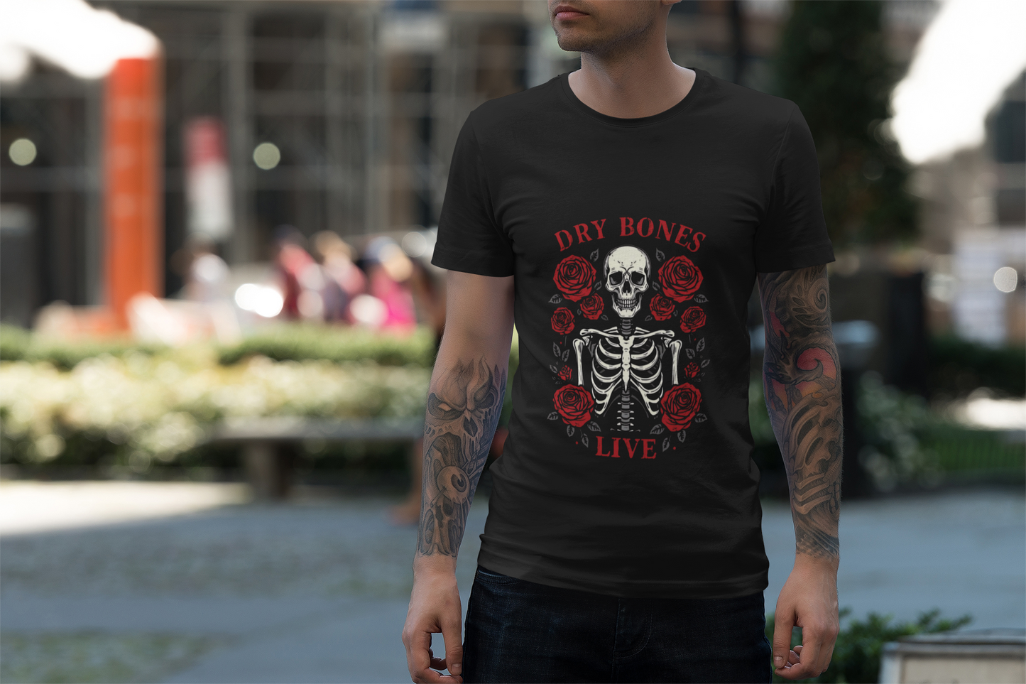 Skeleton & Roses Graphic Tee, Unisex Graphic Tee for Halloween, Edgy Casual Wear, Vintage Style, Alternative Fashion