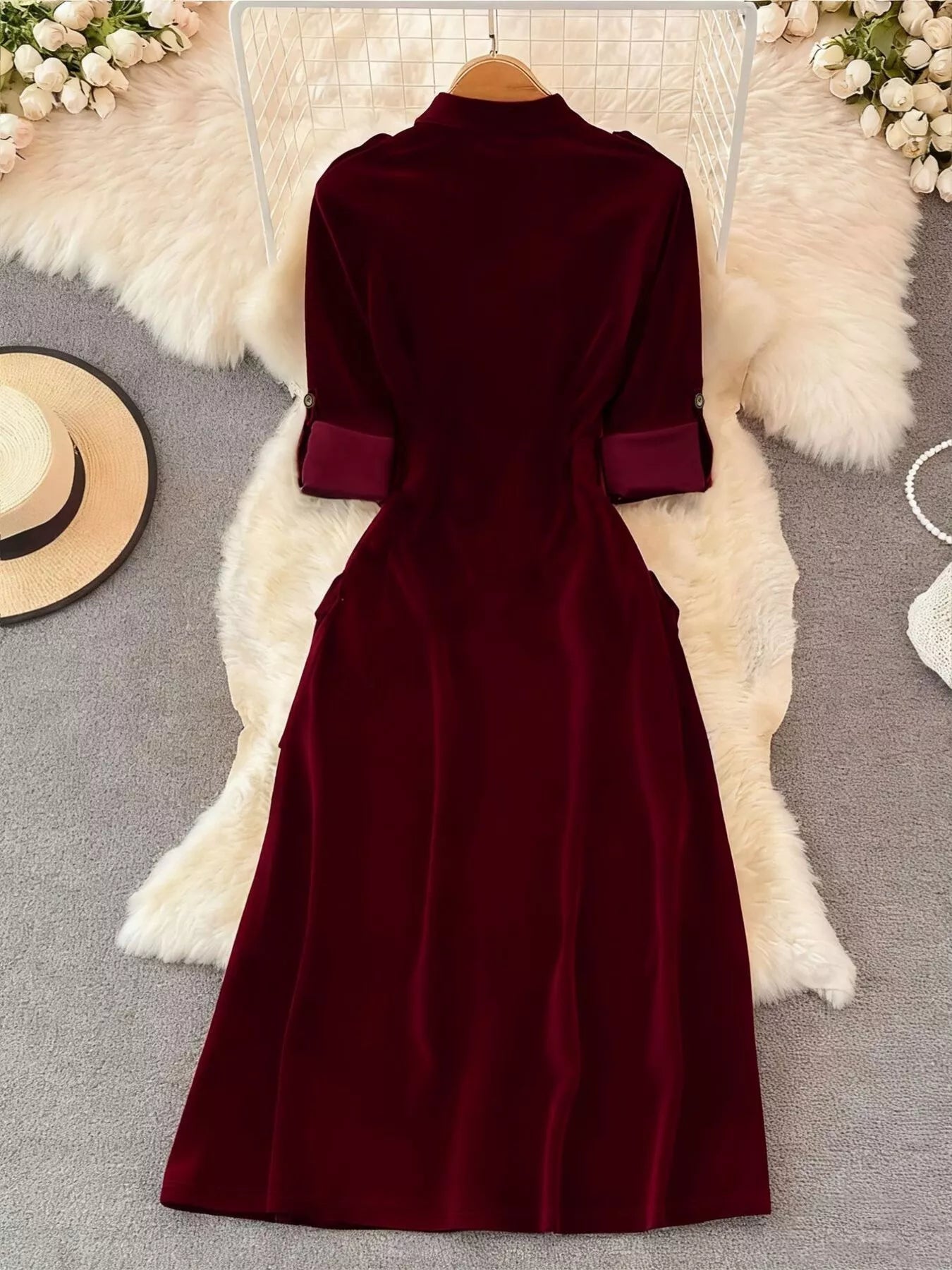 red velvet ladies dress Velvet Button-Down Midi Dress – Vault & Vineyard